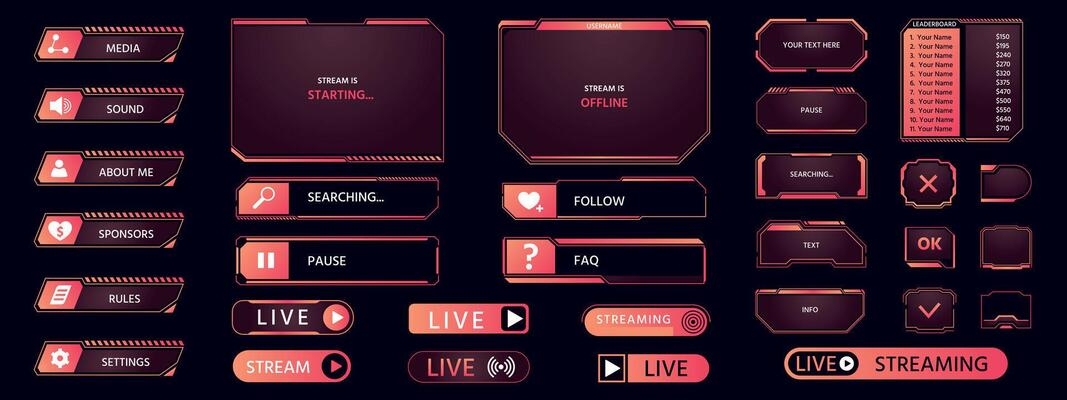 Game frame. Streaming interface elements, button icon frame futuristic layout asset, HUD live broadcast dashboard elements collection. Vector pop up stream set