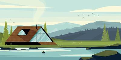 Modern house in woods landscape. Cartoon cottage in forest, a-frame in park and lake, rural house with cabin and boat. Vector landscape
