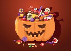 Halloween pumpkin with sweets. Cartoon cute scary basket full of child trick or treat candies for October festival celebration. Vector illustration