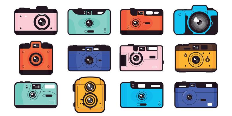 Vintage photography camera. Old analog mechanical equipment for taking photographs, retro studio camera with lens. Vector flat set