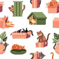 Playing cat pattern. Seamless print of cartoon playful kitten characters, feline pets walking and playing, endless background for fabric wrapping textile. Vector