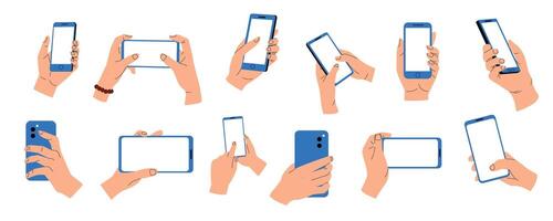 Hands holding phones. Smartphone mobile devices with touchscreen, cartoon palms with fingers using electronic gadgets with empty screens. Vector illustration