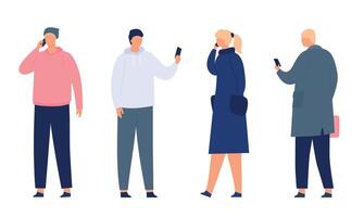 Person holding smartphone. Female and male characters standing with gadgets. Man and woman chatting, talking on phone vector