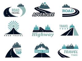 Road logo collection. Street navigation direction mark, traffic route emblem, green traffic strip. Vector set