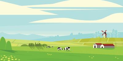 Rural summer landscape. Farm panorama with fields and animals. Horizontal country scenery with meadow and farm buildings. Vector illustration