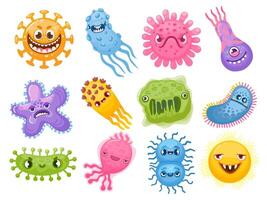 Cartoon viruses. Germ and bacteria with evil faces. Bad pathogen microbe character. Coronavirus and flu disease bacterium monster vector set