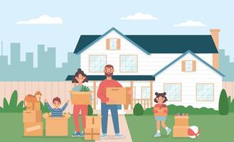 Family moving into new house. Parents and daughter carrying cardboard boxes with household stuff, son sitting in carton vector