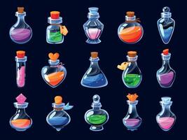 Game potion. Cartoon elixir for strength mana and stamina, love potion poison and antidote in magic phials 2D game UI icon asset. Vector sprite interface elements set