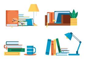 Reading literature, flat book stacks and piles for study. Table with textbooks and lamp, glasses or cup. Shelf book for education vector