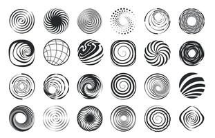 Spiral shapes. Abstract swirl geometric figures, modern wavy circle spiral abstract elements, motion black border design elements. Vector set