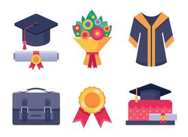 Graduation day icons. College or school graduate students accessories, graduation cap and gown for university, diploma vector