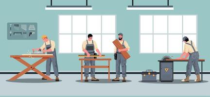 Woodworking industry, joiners with instruments, carpentry workshop concept vector