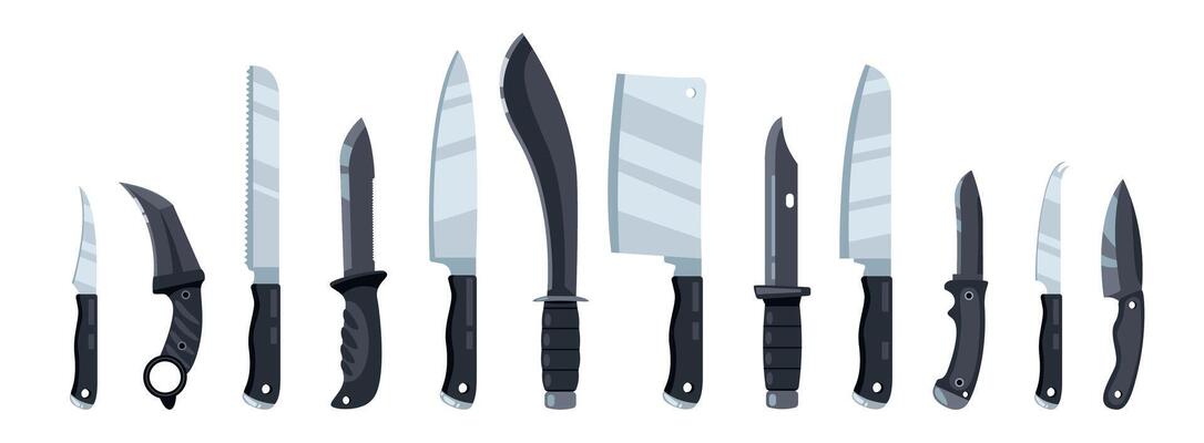 Knives collection. Sharp blade cooking tool for kitchen, folding combat knife, kitchenware for cutting of stainless steel cartoon flat style. Vector set