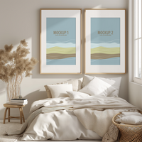 Mockup for 2 large blank photo frame wall in bedroom psd