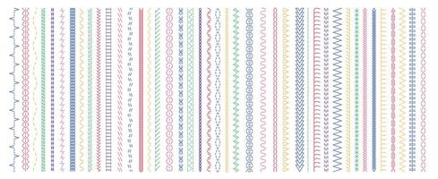 Colorful stitches pattern. Seam and straight embroidery cross variations, brush stitching zigzag and zag borders, fabric decoration. Vector isolated set