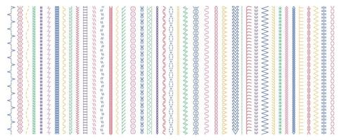 Colorful stitches pattern. Seam and straight embroidery cross variations, brush stitching zigzag and zag borders, fabric decoration. Vector isolated set