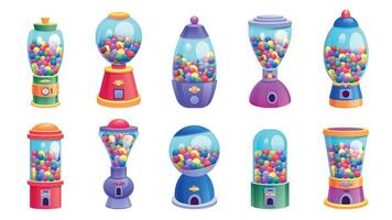 Candy vending machine. Cartoon ball gum with colorful sweets, retro vending machine with bubble gumball capsules. Vector isolated set