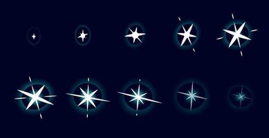 Animated shine effect. Magic sparkler explosion frames, glow cracker lightning and fire animation asset for game GUI design. Vector set