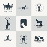Goat dairy products logo. Milk cheese yogurt, fresh organic whole milk products in carton containers, dairy icons for packaging design. Vector illustration