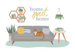 Scandic cozy interiors, sweet home with cat vector