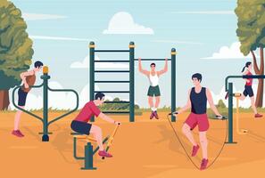 Outdoor workout group. People running and stretching, fitness athletes doing exercises in park, cartoon gym scene with barbells vector