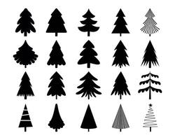 Black christmas tree icons. Seamless print of winter holiday trees with ornaments, snowflakes and presents. Vector monochrome background
