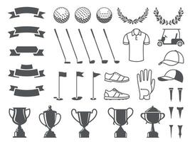 Golf elements collection. Tee icons, ball silhouettes, cup stickers and ribbons, ball markers and putter badges. Sport game elements vector set