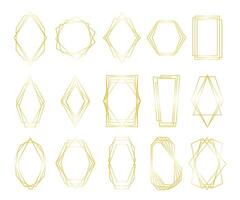 Golden geometric polygon. Decorative border hexagon and pentagon shapes, luxury minimal decorative elements for wedding invitation design. Vector set