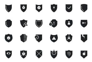 Security shield icons. Insurance and protection system web icons for lock, key, code, keyhole, and padlock. Vector set