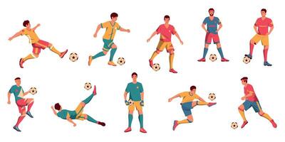 Diverse football players. Cartoon diverse male characters playing football, male athletes in colorful sportswear. Vector collection