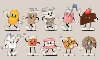 retro dibujos animados comida y beber. gracioso maravilloso caracteres de bebidas, vistoso Años 80 estilo alcohol bebida iconos vector conjunto