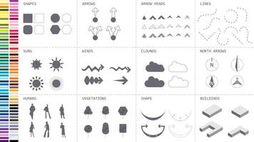 architecture site analysis symbol icon element drawing graphic flat isolated vector. architecture element line sun wind sound sun path vegetation. vector