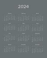 2024 calendar planner template. Monthly minimalistic calendar at black background vector