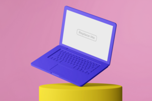 changeable color clay responsive laptop device on cylinder podium with blank screen monitor 3d rendering editable mockup composition psd