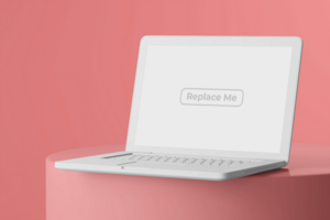 changeable color clay responsive laptop device on cylinder podium with blank screen monitor 3d rendering editable mockup composition psd