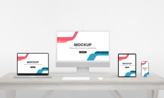 Responsive devices display on a work desk mockup psd