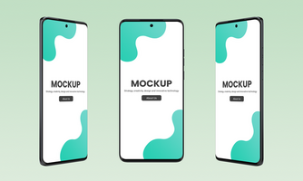 Modern smartphone with thin, round edges in three positions mockup psd