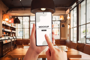 Smartphone mockup in a coffee shop psd