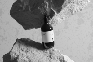 botella bomba Bosquejo para champú producto con natural rocas psd