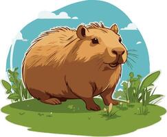 Adorable capybara eating grass vector