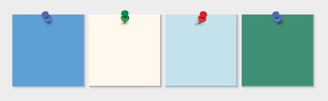 colored sticky note paper with a push pin. Blank paper sheets for notes. Realistic paper stickers vector