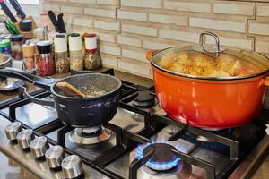 Stuffed zucchini and peppers are cooked in covered pan on gas stove photo