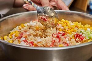 Fresh ingredients for making boiled corn and tomato salad with swan oil and onion filling photo
