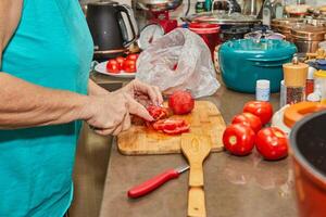 Chef is preparing tomatoes for stuffing. French gourmet food photo