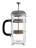 Glass French press coffee maker in metal frame isolated on white background photo