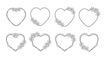 Heart frame decorated with rose flower outline vector set