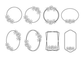 Circlular and round shape frame decorated with rose flower outline vector set