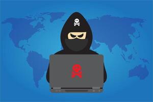 Hacker in black hood with laptop trying to cyber attack. vector