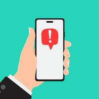 Alert notification with exclamation signs on mobile phone. Important reminder isolated. Viruses or spam problems alerting. Telephone service. Vector flat design.