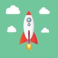 Rocket ship flies up with sky clouds on green background. Flat icon. Vector illustration with flying shuttle. Space travel. Spaceship launch. New projects start up concept. Creative idea.